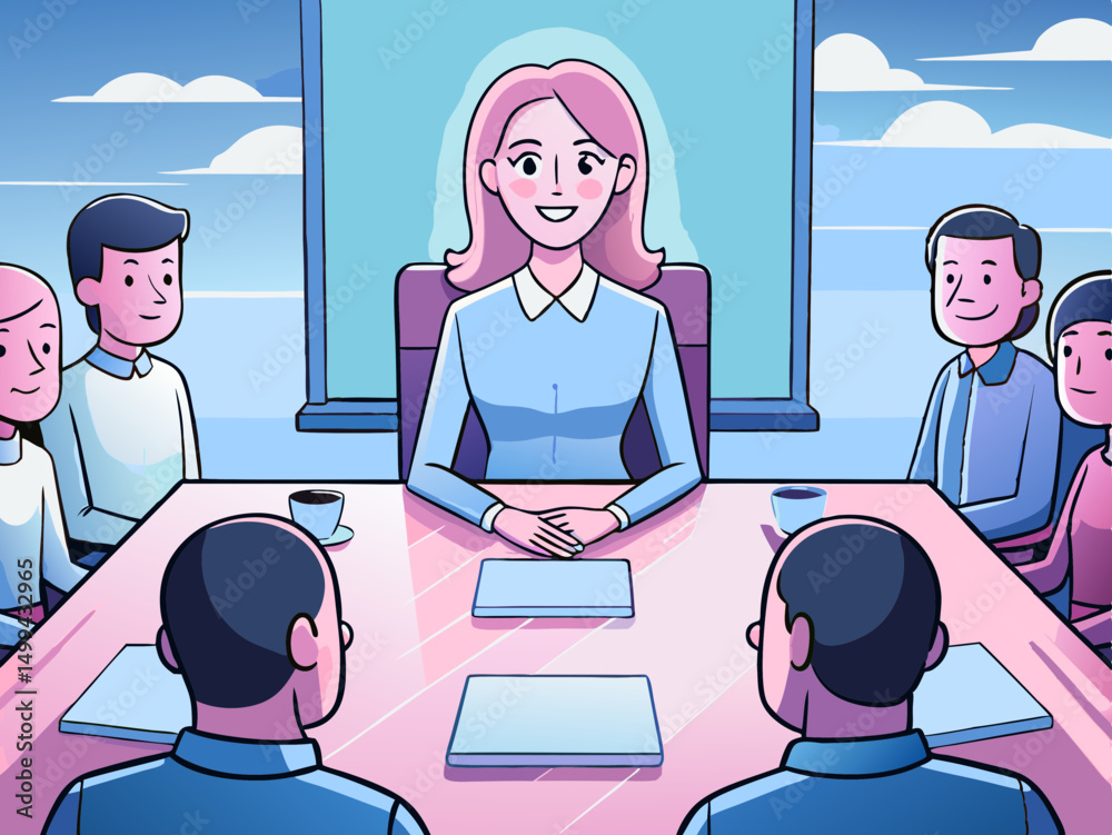 Fototapeta premium Business meeting illustration featuring a confident woman leading a discussion at a table surrounded by engaged colleagues, showcasing teamwork and collaboration in a professional setting