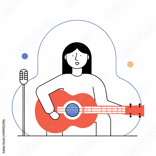 Illustration of a female musician playing an acoustic guitar while singing into a microphone, surrounded by colorful abstract shapes, conveying a vibrant musical atmosphere