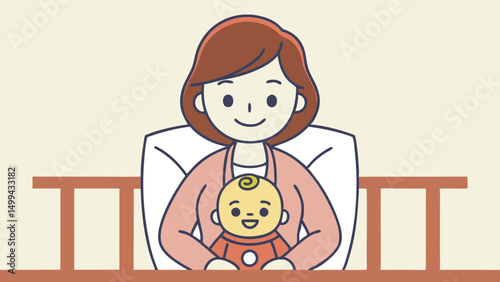 Illustration of a smiling woman holding a baby in her lap, seated comfortably in a cozy environment, showcasing warmth and nurturing bond between mother and child