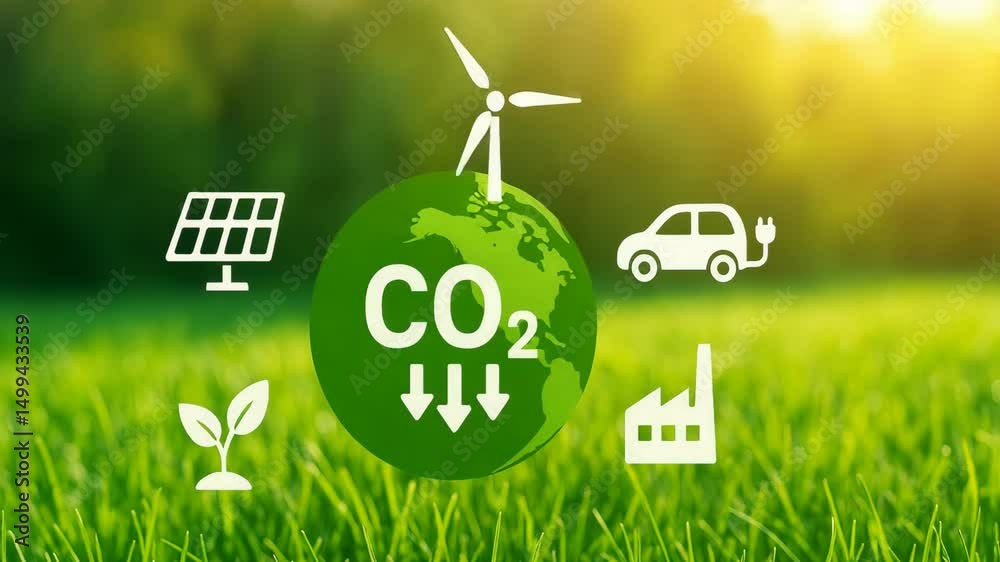 A visual representation of sustainability with green energy sources and CO2 reduction.