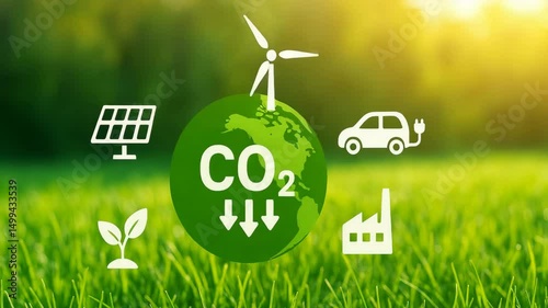 A visual representation of sustainability with green energy sources and CO2 reduction.