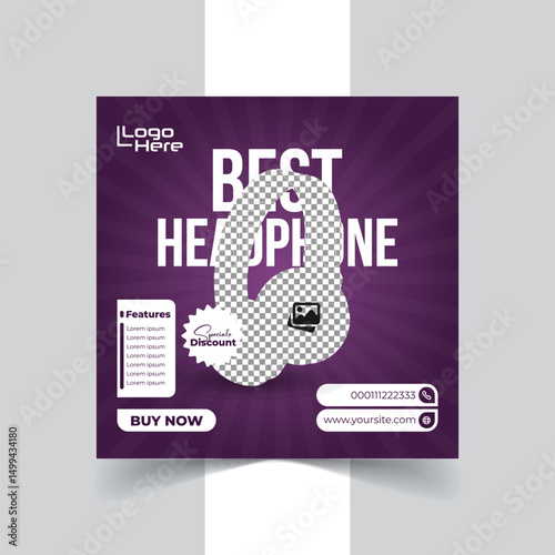 Electronics Gadget Post, Template Design. Featuring Laptop and Headphones Social Media Post Design. Online Marketing, Promotion Post Design