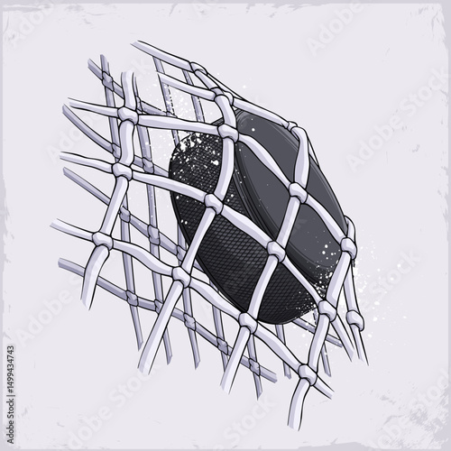 Hand drawn black ice hockey puck made of rubber hitting the white net and scoring a goal in a professional, competitive match