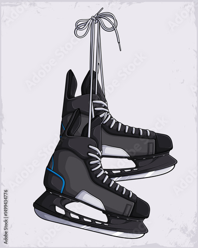 Hand drawn black ice hockey skates for beginners and professionals , ice boots with metal blades. Pair of ice hockey shoes equipment
