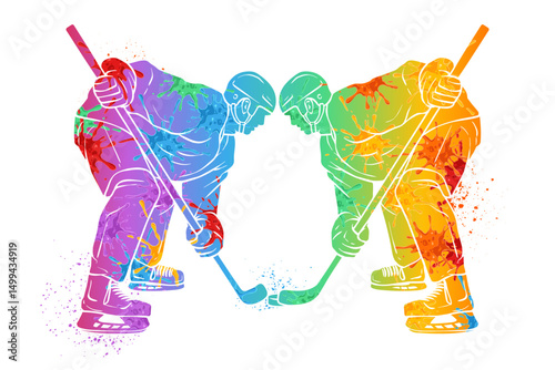 Hand drawn ice hockey players silhouette in colorful abstract theme with bright splashes competing during a professional match