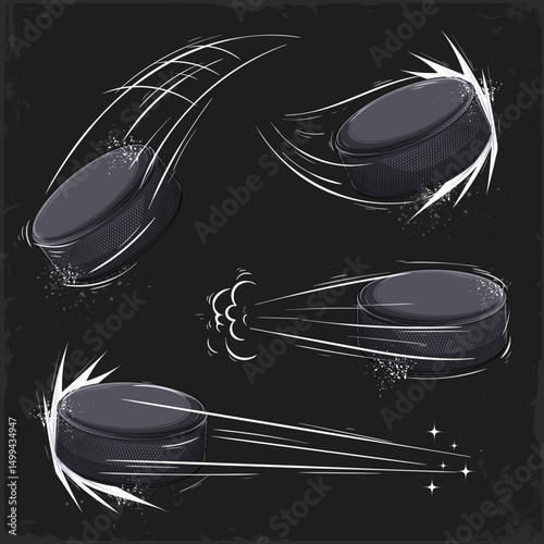 Hand drawn set of black ice hockey pucks flying in the air. hovering rubber hockey pucks in motion