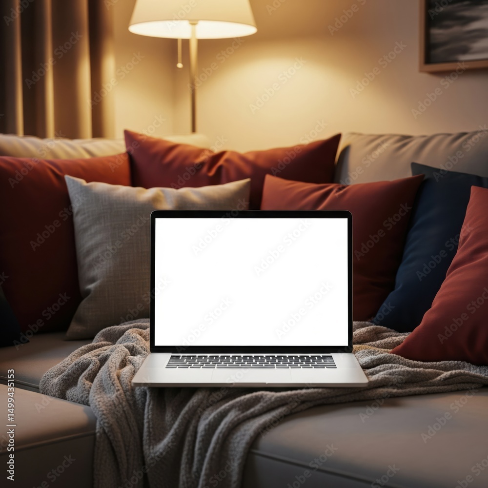 Fototapeta premium blank laptop screen on cozy sofa with pillows and warm lighting