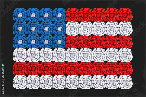 Hand drawn American flag made of flowers celebrating independence day, remembering national memory day, honoring veterans day