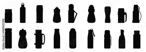 Black thermos bottle silhouette collection. Thermos, bottle, thermal vessel. Set of thermoses for tea and hot liquids. Large and small thermoses silhouette. Vector