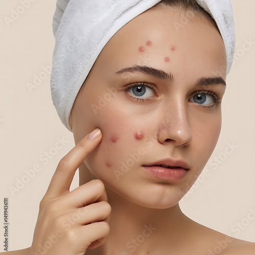 A young woman with acne touching her face demonstrating skin condition and skincare concern