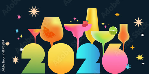 2026 Happy New Year greetings banner poster with colorful cocktails, champagne, aperol, martini. Cocktail menu vector illustration.