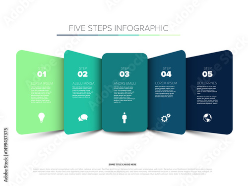 This horizontal five steps infographic template presents a clear visual layout. Each of the five steps includes icons and placeholder text for process or presentation graphics.
