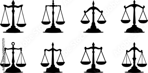Create a kinds of Scale icon set. different scale collection. Scales of justice. food scale tool. weight scale. Vintage scale. Vector illustration silhouette with white background.