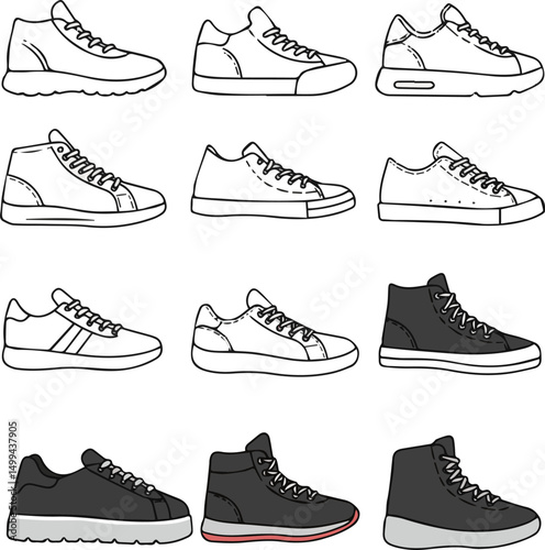 Create a kinds of sneakers icon in different style. shoe vector illustration isolated on white background. shoes in outline style, line and flat style.