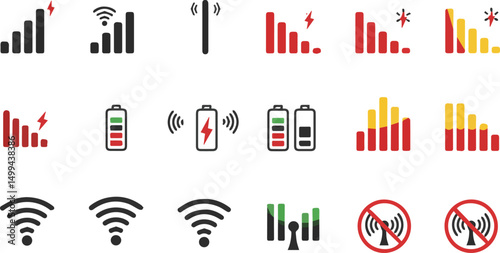 Create a kinds of wifi signal icon set, battery energy charge, mobile signal level icon Vector Illustration with white background.