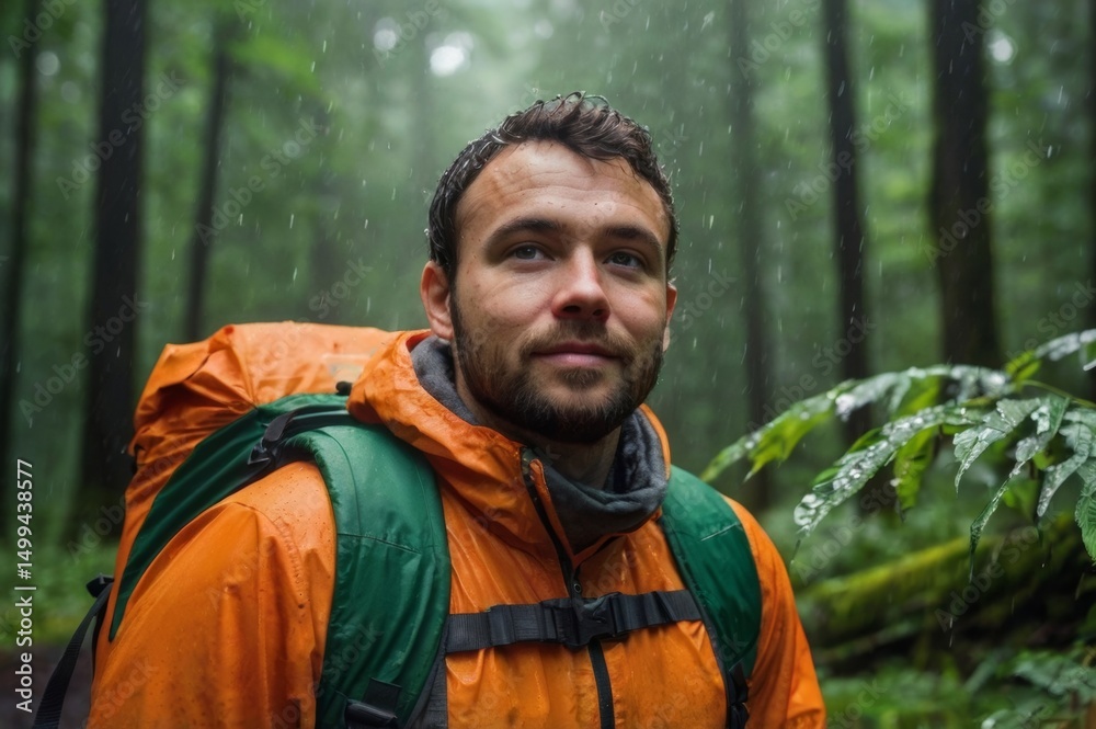 young man Traveler in Rainy Forest with Orange Backpack, Green Nature Background young man Traveler in Rainy Forest with Orange Backpack, Green Nature Background