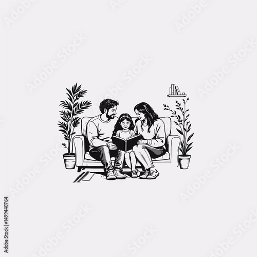 Family Sitting on a Couch, Reading a Book Together, Surrounded by Plants and Shelves, Symbolizing Bonding and Learning, Vector Art