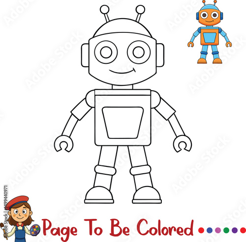 Cartoon robot coloring page for children. Great for printable activities, STEM learning, and creative preschool fun.

