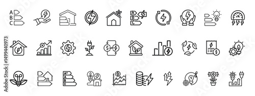 Energy efficiency related outline icon set. Containing energy saving light bulb, sustainability, electricity, consumption, house, price, reduction, save, lightning and more. Sustainable development. 