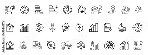 Energy efficiency related outline icon set. Containing energy saving light bulb, sustainability, electricity, consumption, house, price, reduction, save, lightning and more. Sustainable development. 