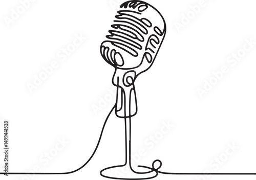 Minimalist continuous line drawing of vintage microphone on stand