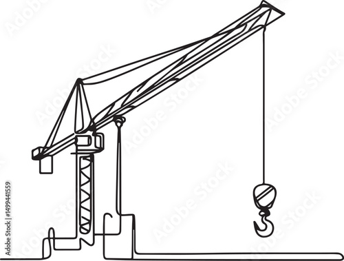 Minimalist line art of construction crane with hook in black and white
