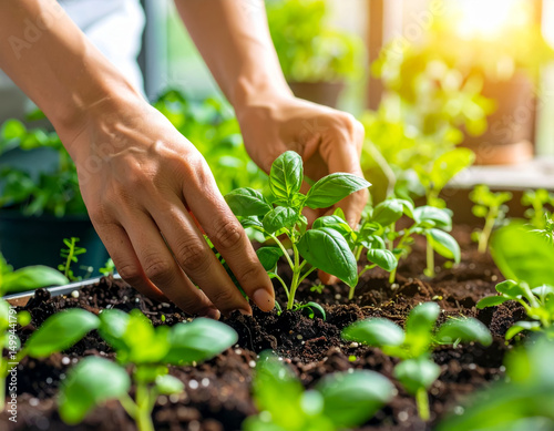 Gardener nurtures young basil plants in a sunlit greenhouse during afternoon hours