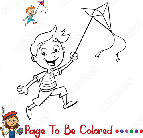 Boy Flying Kite Coloring Page for Kids Printable Outdoor Activity Sheet

