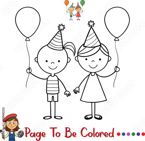 Boy and Girl Birthday Coloring Page with Balloons for Kids Activity

