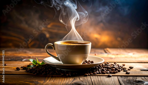 Cup of hot coffee with steam rising on a rustic wooden table decorated with coffee beans and fresh mint leaves in a cozy setting
