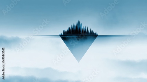 Surreal landscape featuring a floating triangular island above misty clouds with trees