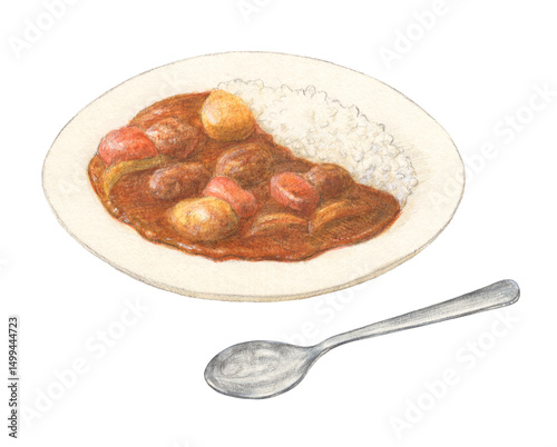 スプーンの添えられたカレーライス　手描き

