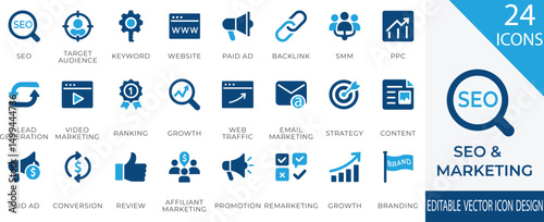 A professional and clean vector icon set designed for SEO and digital marketing themes. Includes essential concepts such as SEO, keyword research, content creation, website lead generation