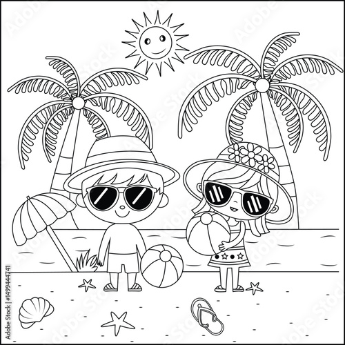 Cute Kids Playing with Beach Ball on Tropical Shore Summer Vacation Coloring Page