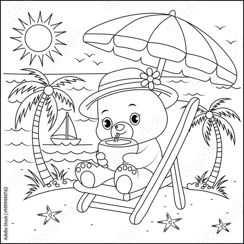 Cute Bear Relaxing on Beach Chair with Coconut Drink  Summer Vacation Coloring Page