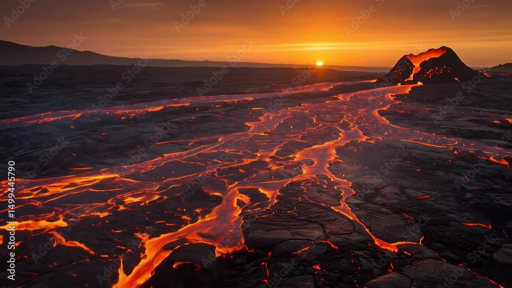 Volcanic Lava Flow at Sunset A Fiery Landscape