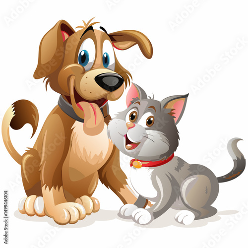 Cute, funny, cartoon vector illustration of a happy baby cat and dog characters, isolated brown pet animals drawing with a wagging tail