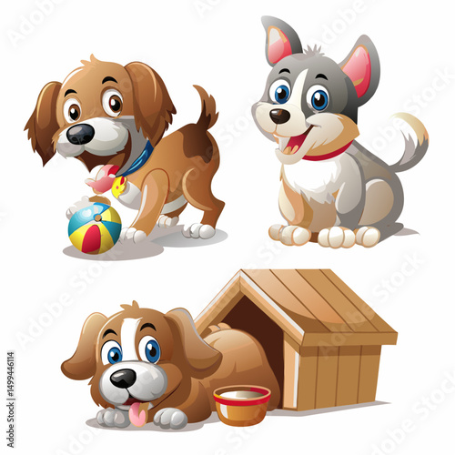 Cute and happy cartoon puppies, a fun vector illustration of smiling brown dogs and cats