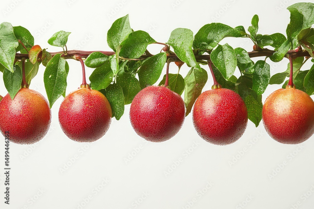 Obraz premium A collection of ripe passion fruits on a vine isolated against a white backdrop