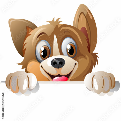 A funny brown puppy character vector illustration features a cute, happy baby animal with a wagging tail