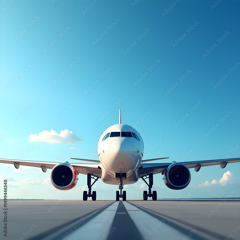 Naklejka premium Frontal view of a modern passenger airplane on runway under a bright blue sky, symbolizing travel, aviation, and air transport.
