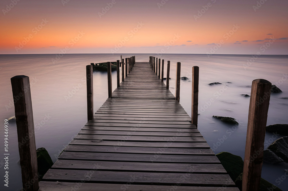 Obraz premium Tranquil Sunset Pier Extending into Serene Ocean Waters