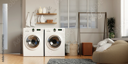 Schilderij op canvas Elegant laundry room design featuring modern appliances and decor