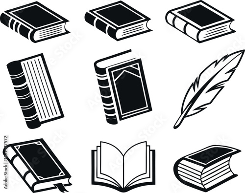 A set of black and white, stylized icons depicting various books and a quill feather.