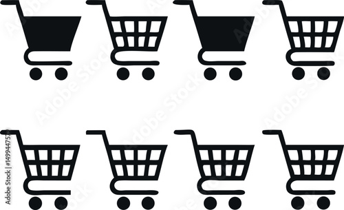 A set of nine simple, black and white shopping cart icons, suitable for web design, apps, or marketing materials.