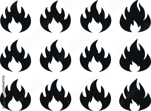 A graphic design featuring a scattered pattern of stylized fire icons against a plain white background.