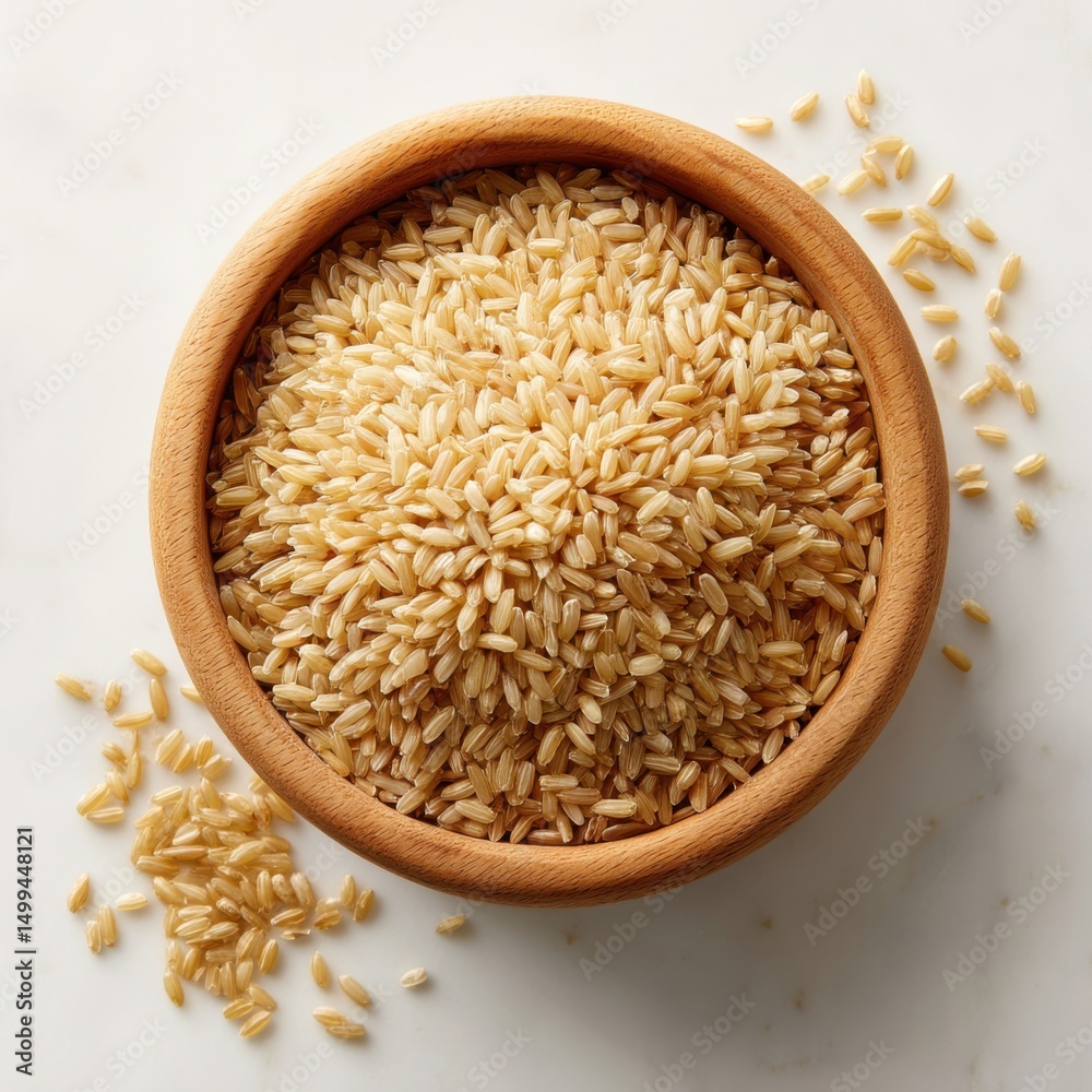 Brown rice grains in wooden bowl top view Brown rice grains in wooden bowl top view