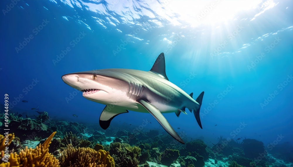 Obraz premium Shark swimming gracefully over a vibrant coral reef illuminated by sunlight in a tropical marine environment symbolizing ocean biodiversity and ecosystem