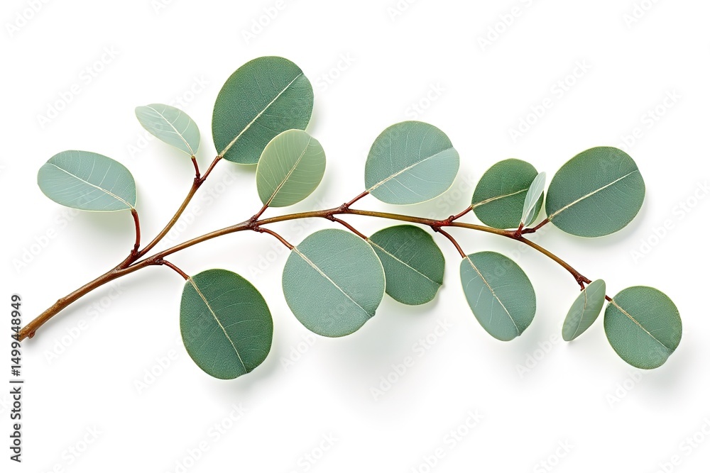 Obraz premium A single eucalyptus branch with oval leaves lying on a white surface makes an elegant statement