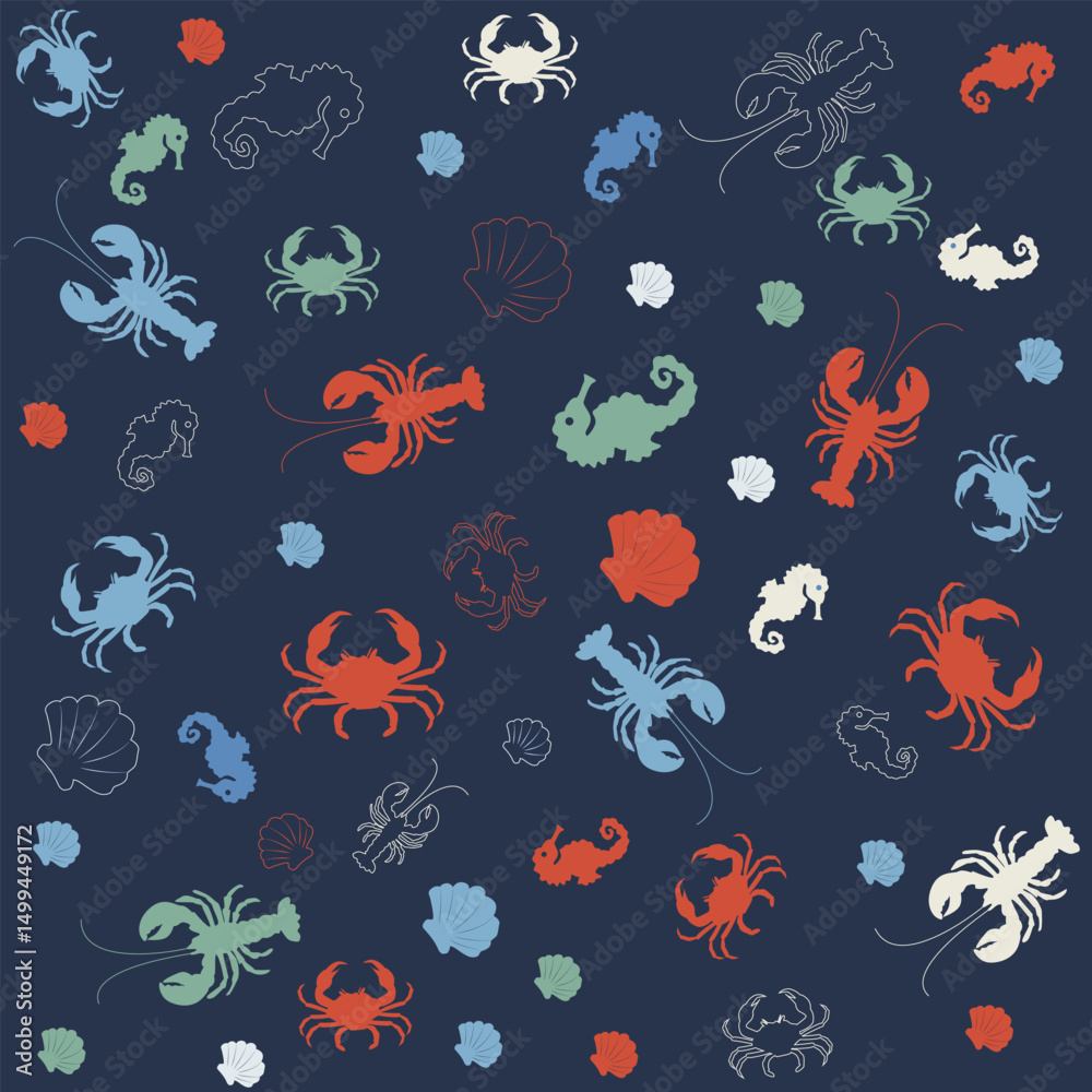 Obraz premium Set of illustrations crab-shaped. Crab, cancer, seahorse shell. Set of hand-drawn pictures on a marine theme for a pattern, wallpaper, cover, pictures, stickers, icons.